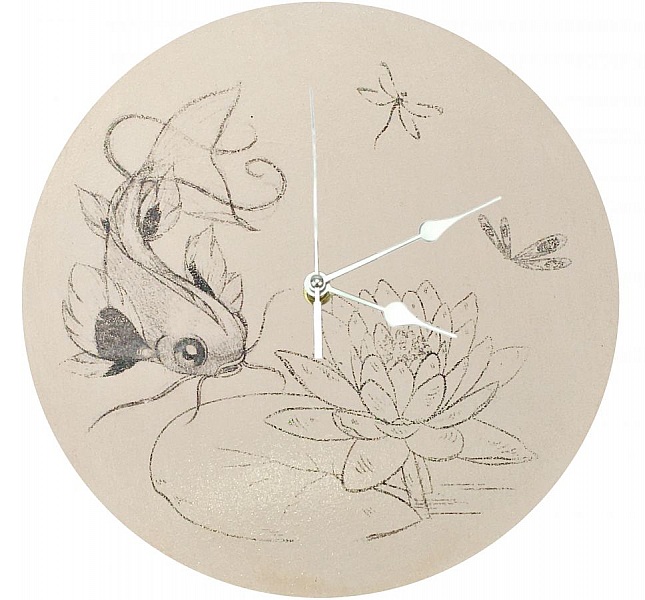 Horloge ronde en bois "japon ko&iuml; et lotus"