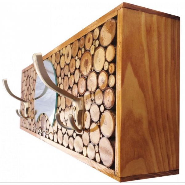 Rektangul&aelig;r v&aelig;gmonteret garderobestang i kastanjefarvet tr&aelig;, 2 tredobbelte knager og halvm&aring;ne spejl. 60x20