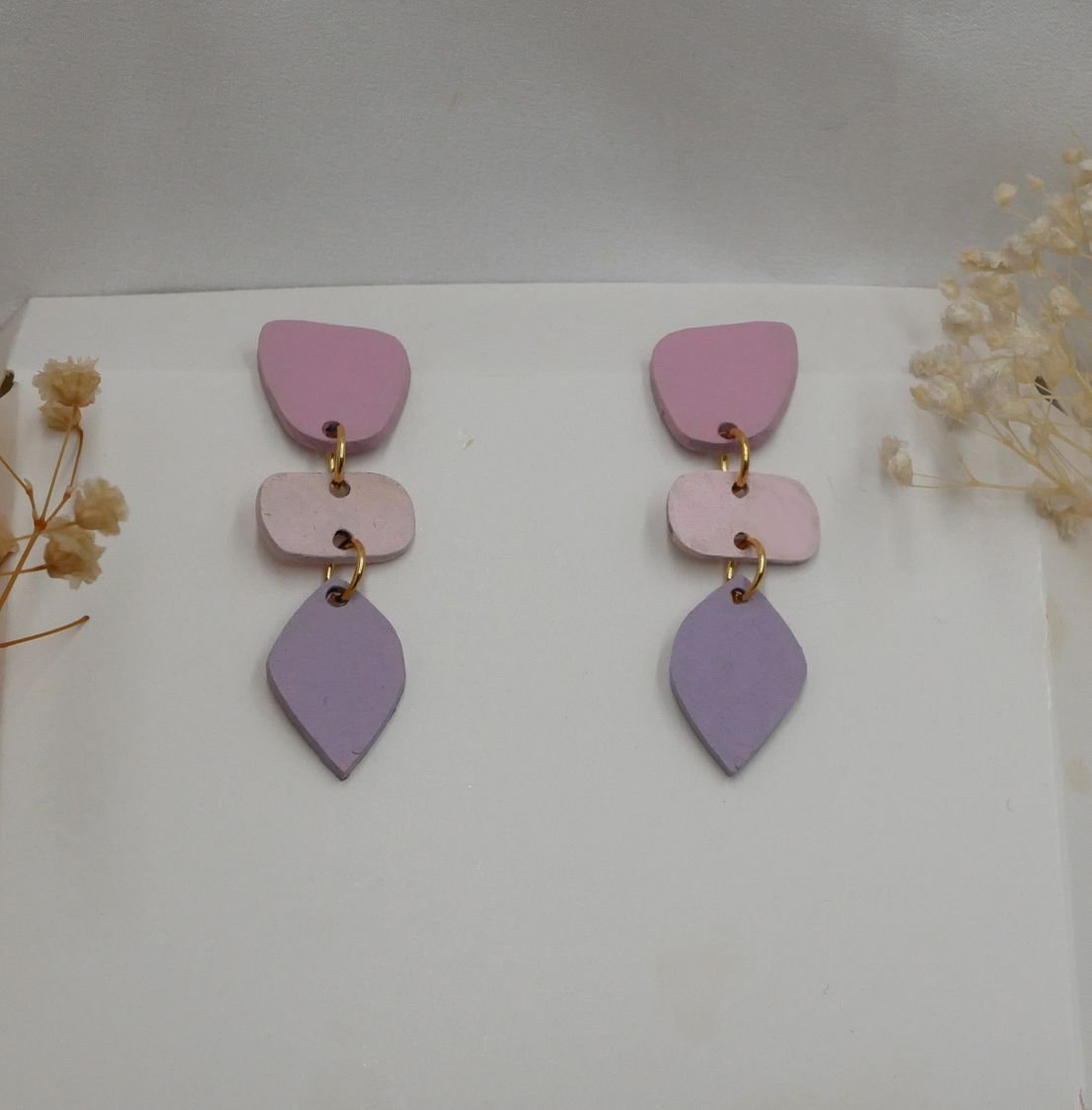 Boucles d'oreilles en bois pastel en 3 parties