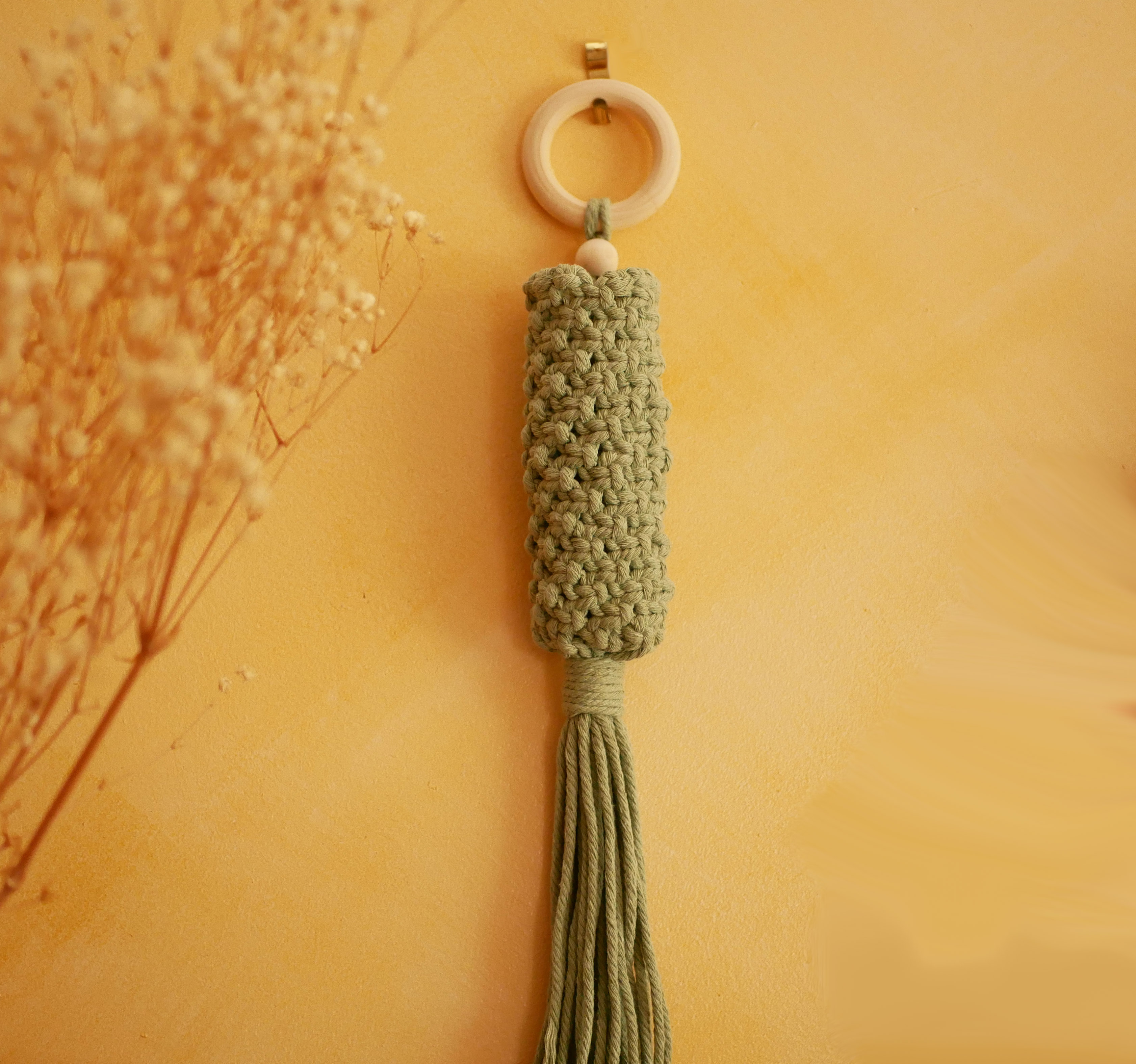 Suspension en macramé pour fleurs séchées avec corde coton couleur vert