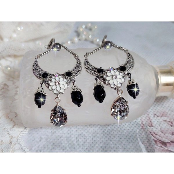 BO Bohochic argent&eacute;es et Noir cr&eacute;es avec des cabochons poire en cristal, breloque &eacute;poxy, poires en verre sur des crochets d'oreilles en argent 925