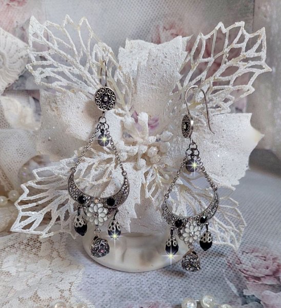 BO Bohochic argent&eacute;es et Noir cr&eacute;es avec des cabochons poire en cristal, breloque &eacute;poxy, poires en verre sur des crochets d'oreilles en argent 925