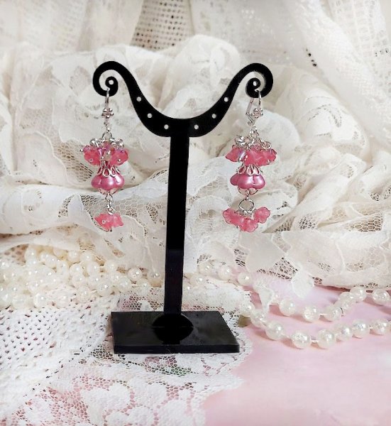 BO C&oelig;ur de Quartz cr&eacute;&eacute;es avec fleurs et perles, dormeuses laitons, perles Cristal Swarovski