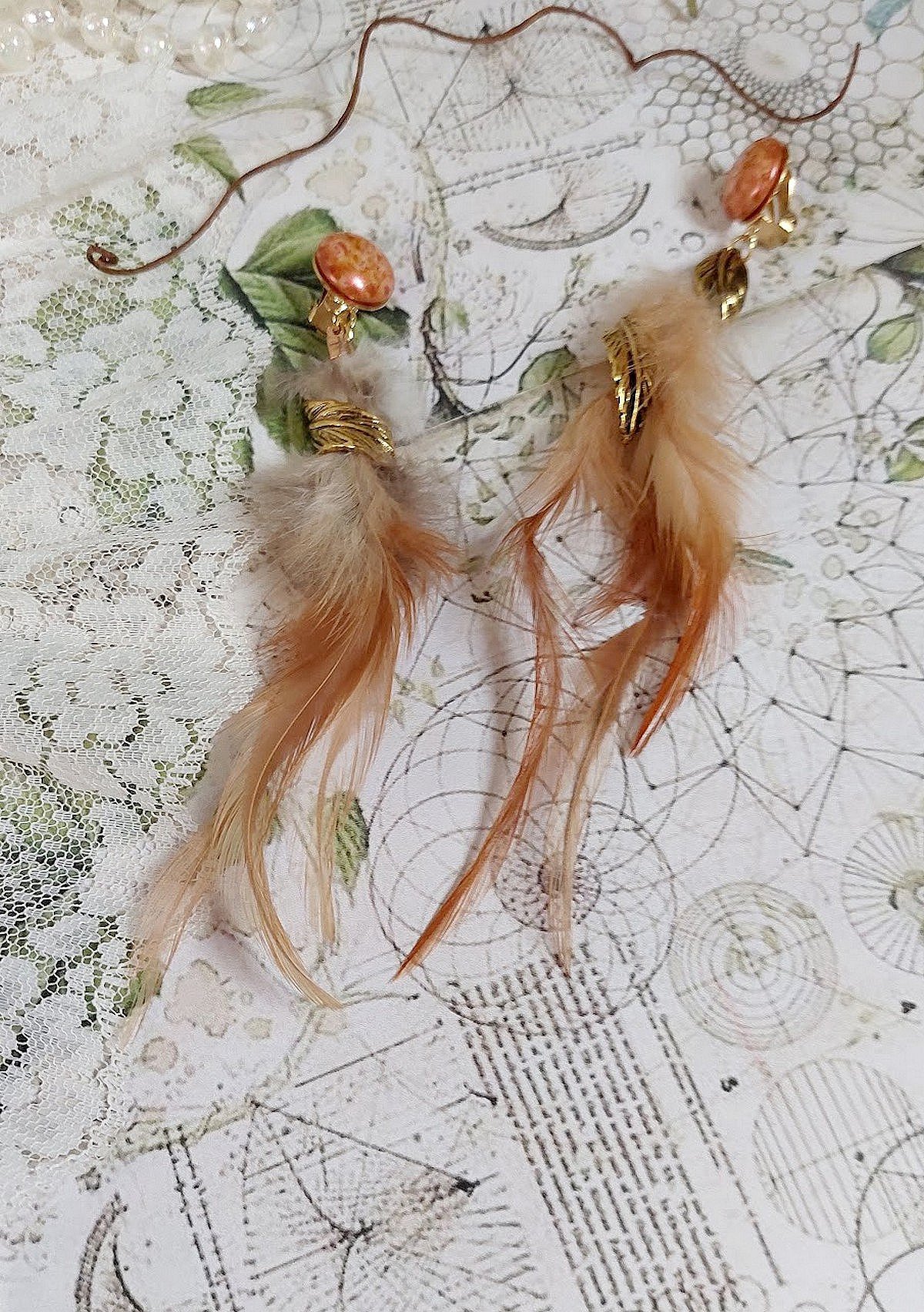 BO Grandes Plumes Ambre mont&eacute;es avec des plumes de Coq trois tons, breloques feuilles torsad&eacute;esl, cabochons en Verre et clips d&rsquo;oreilles en laiton