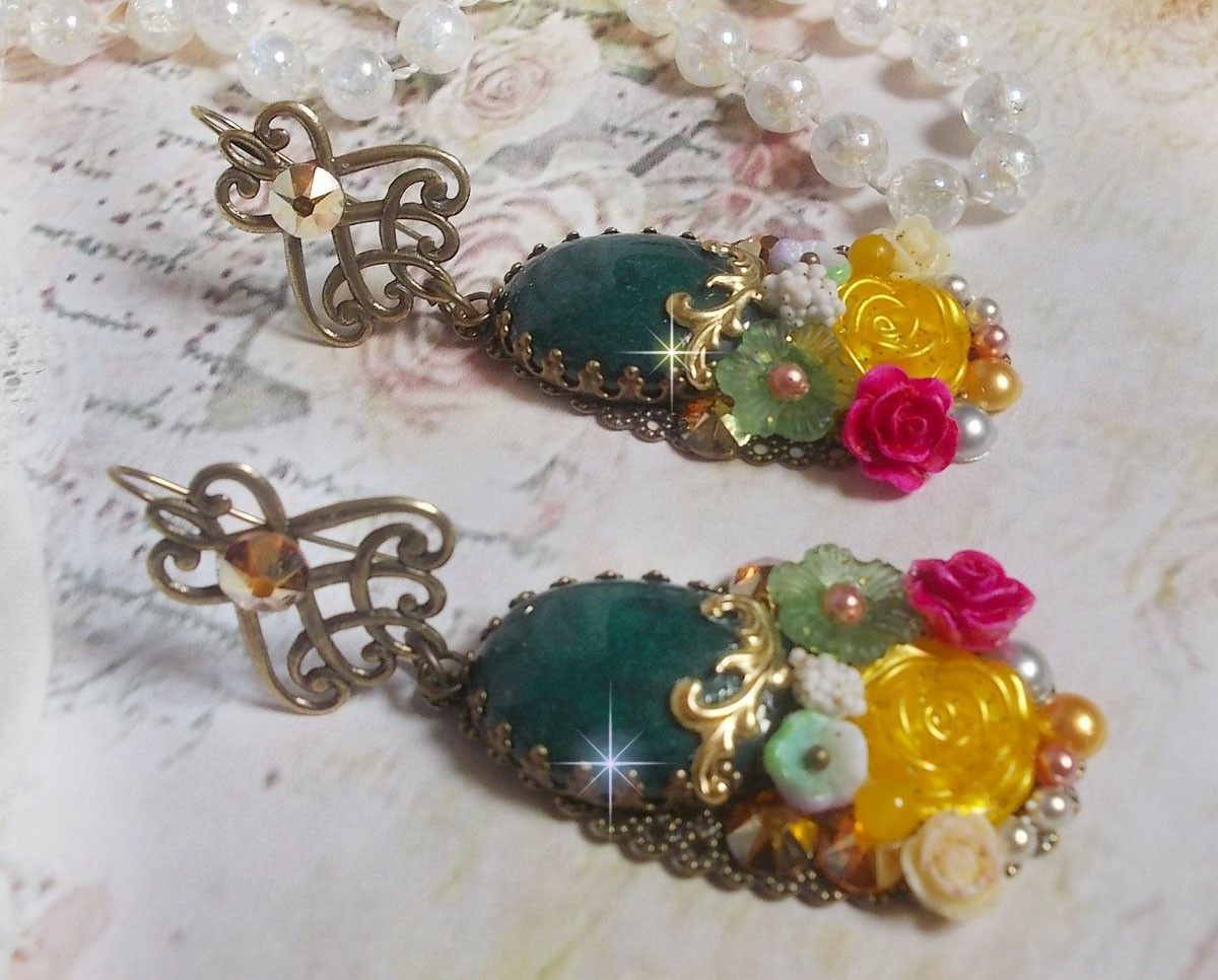 BO Jade Blomster skabt med ovale malaysisk jade cabochons, Swarovski krystaller, harpiks perler, glas blomster med kvalitets tilbehør 