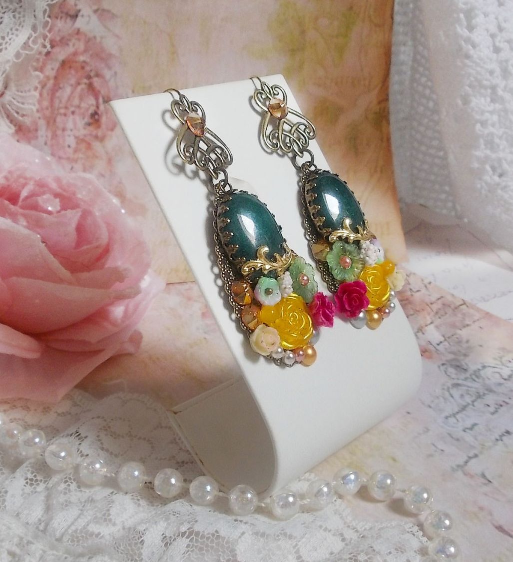 BO Jade Blomster skabt med ovale malaysisk jade cabochons, Swarovski krystaller, harpiks perler, glas blomster med kvalitets tilbehør 