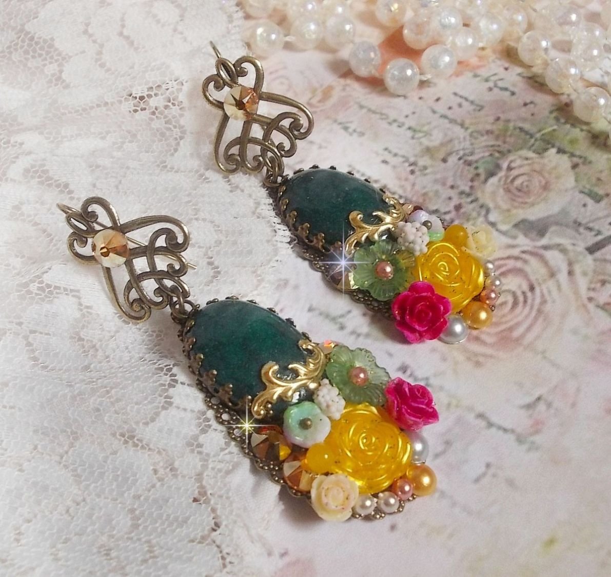 BO Jade Blomster skabt med ovale malaysisk jade cabochons, Swarovski krystaller, harpiks perler, glas blomster med kvalitets tilbehør 