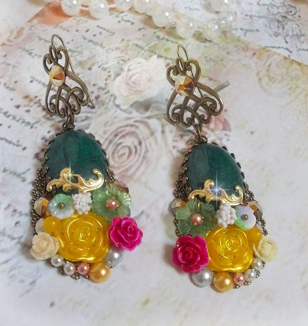 BO Jade Blomster skabt med ovale malaysisk jade cabochons, Swarovski krystaller, harpiks perler, glas blomster med kvalitets tilbehør 