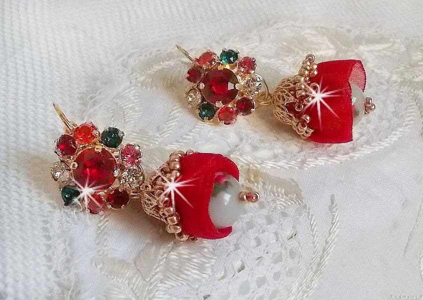 BO Mia broderet med Swarovski-krystaller, orange zirkonsten, Fimo-perler og fr&oslash;perler