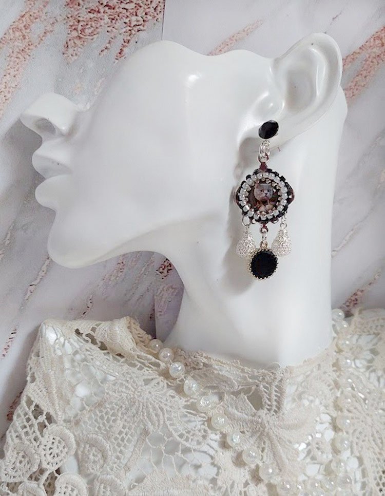 BO Mimichat Steampunk avec cabochons verres, strass, breloques époxy, perles cristal Swarovski et clous argent