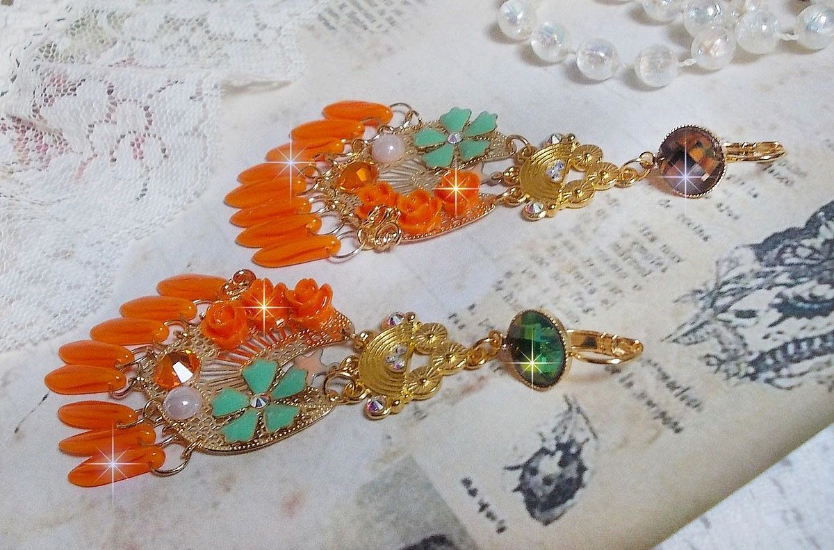 BO Roseraie Orange Roses skabt med Swarovski krystal rhinestones og cabochons, blomster, orange dolke, glas cabochons og kvalitetstilbehør