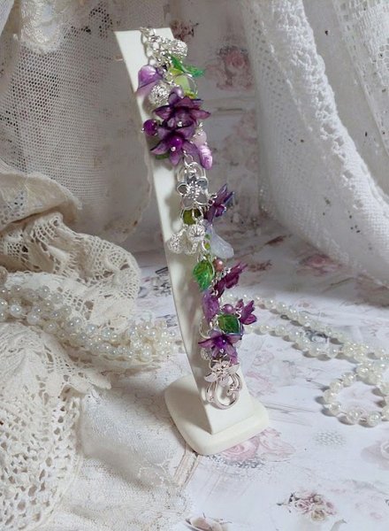 Bracelet Valentine Rose avec fleurs, perles et feuilles acryliques, gouttes, perles de gemme et bracelet argent&eacute; m&eacute;tal