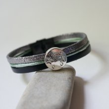 Sølv, grøn og sort cabochon måne stjerne læderarmbånd med flere led